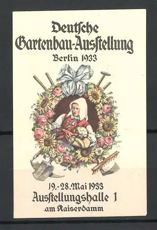 Reklamemarke Berlin, Deutsche Gartenbau-Ausstellung 1933, Bäuerin im Blumenkranz