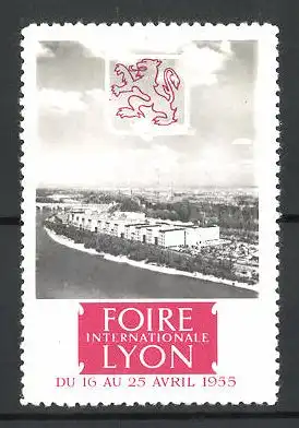 Reklamemarke Lyon, Foire Internationale 1955, Stadtansicht und Wappen