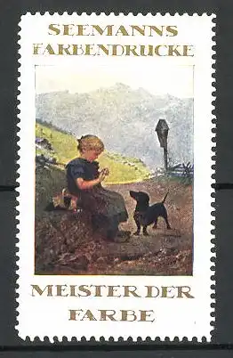 Reklamemarke Seemann's Farbendrucke, Meister der Farbe, Mädchen mit Dackel