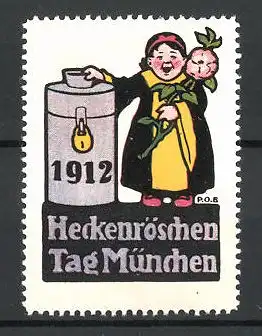 Künstler-Reklamemarke München, Heckenröschentag 1912, Münchner Kind mit Heckenrose und verschlossener Dose