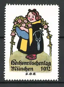 Künstler-Reklamemarke München, Heckenröschentag 1912, Münchner Kindl mit Heckenrosengirlande