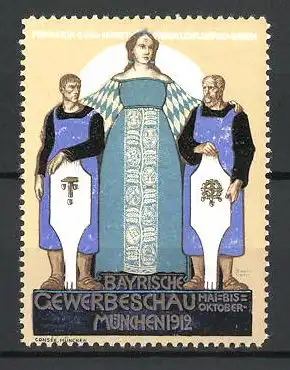 Künstler-Reklamemarke München, Bayrische Gewerbeschau 1912, Göttin umarmt zwei Arbeiter
