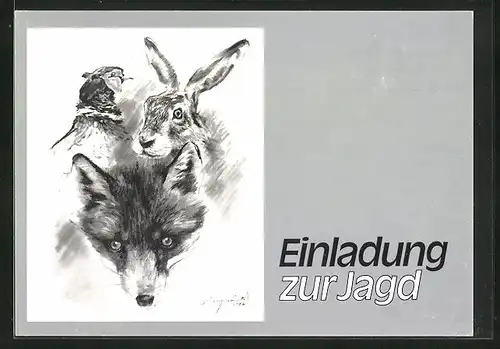 Künstler-AK Einladung zur Jagd, Portrait Federwild, Hase und Fuchs