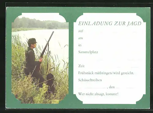 AK Einladung zur Jagd, Jäger mit Gewehr und Hund am Seeufer