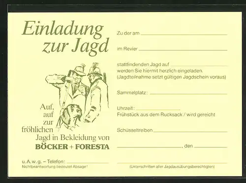 AK Einladung zur Jagd, Auf, auf zur fröhlichen Jagd in Bekleidung von BÖCKER+FORESTA, zwei Jäger mit Hund