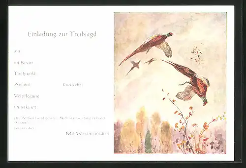 Künstler-AK Einladung zur Treibjagd, Rebhühner im Flug und Fall