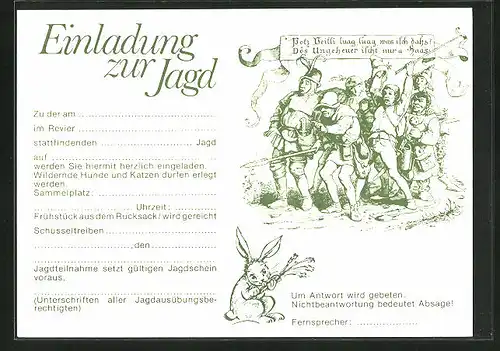 Künstler-AK Jägergruppe mit Lanze, Hase knabbert an einer Möhre, Einladung zur Jagd