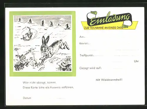 Künstler-AK Gruppe Jäger schiessen auf flüchtende Hasen, Einladung zur Jagd