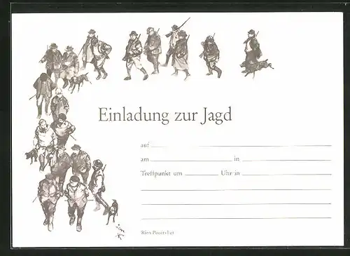 Künstler-AK Einladung zur Jagd, Jäger mit ihren Jagdhunden