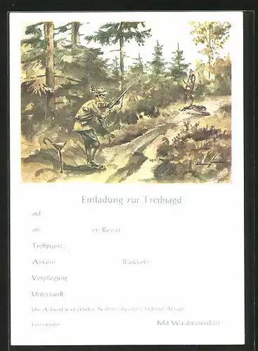 Künstler-AK Jäger zielen auf einen flüchtenden Hasen, Einladung zur Jagd