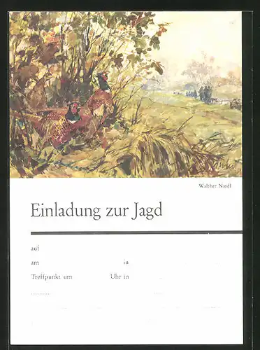 AK Einladung zur Jagd, Federwild beobachtet vom Waldrand eine Gruppe Jäger