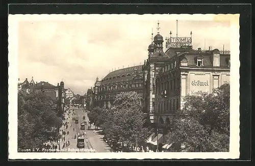 AK Plauen i. V., Postplatz mit Bahnhofstrasse und Strassenbahnen