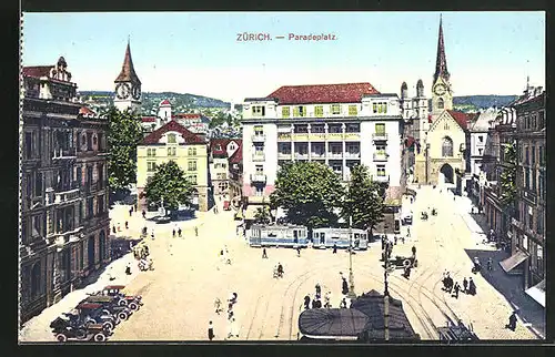 AK Zürich, Paradeplatz mit Strassenbahn