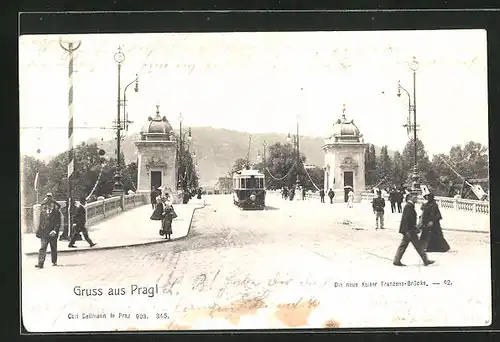 AK Prag, Strassenbahn auf der neuen Kaiser Franzens-Brücke