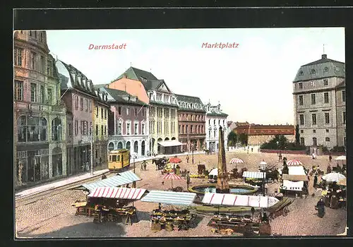 AK Darmstadt, Strassenbahnverkehr auf dem Marktplatz