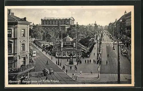 AK Hannover, Gerorgstrasse mit Café Kröpke und Strassenbahn