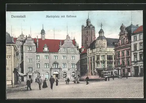 AK Darmstadt, Strassenbahnverkehr auf dem Marktplatz