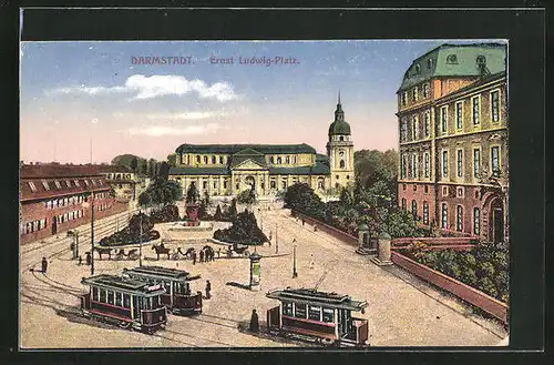 AK Darmstadt, Ernst-Ludwig-Platz mit Strassenbahnen