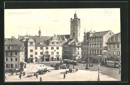 AK Darmstadt, Markt und Strassenbahnen