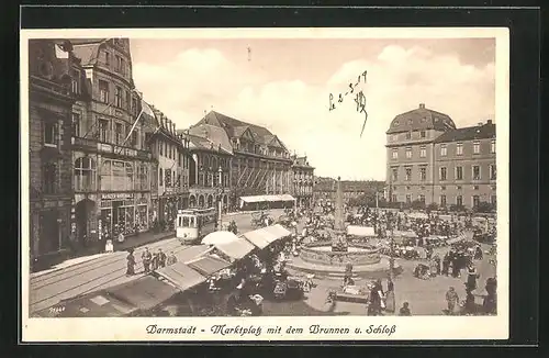 AK Darmstadt, Marktplatz mit Strassenbahn