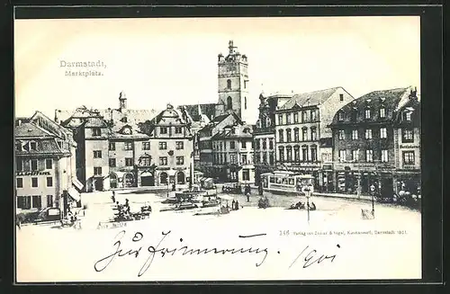 AK Darmstadt, Strassenbahnverkehr auf dem Marktplatz