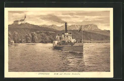 AK Dampferfahrt auf dem Ammersee, Kloster Andechs im Hintergrund