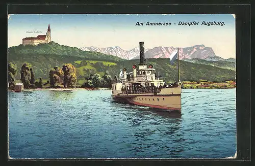 AK Dampfer Augsburg auf dem Ammersee, Kloster Andechs im Hintergrung