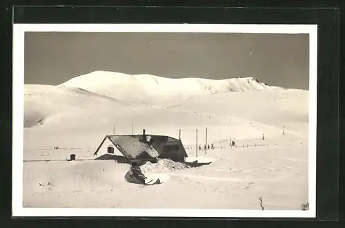 AK Damböckhaus mit Hochschneeberg im Winter
