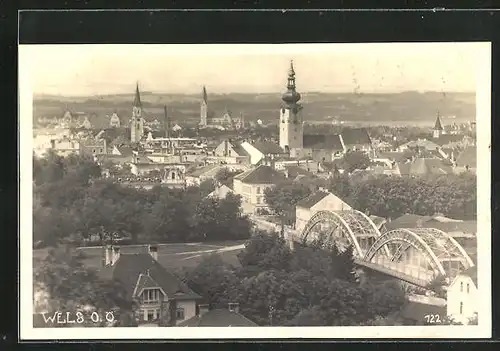 AK Wels, Teilansicht mit Brücke aus der Vogelschau