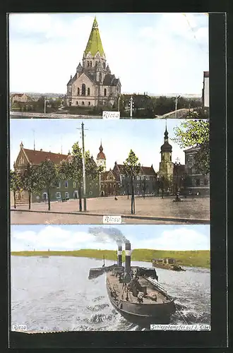 AK Riesa a. d. Elbe, Kirche, Strassenpartie, Schleppdampfer auf der Elbe