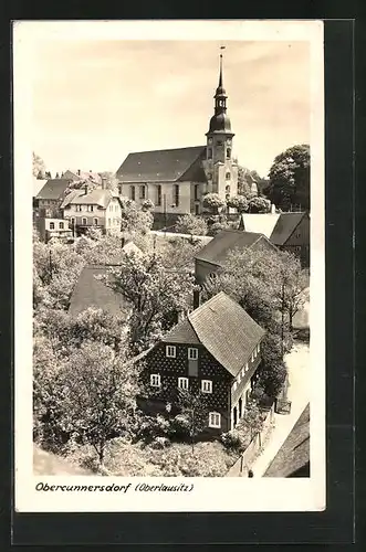AK Obercunnersdorf, Ortspartie mit Kirche