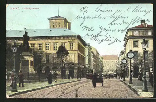 AK Mainz, Ludwigstrasse mit Strassenbahn