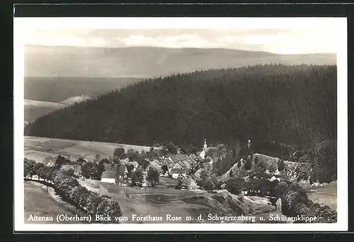 AK Altenau / Harz, Blick vom Forsthaus Rose m. d. Schwarzenberg u. Schützenklippe