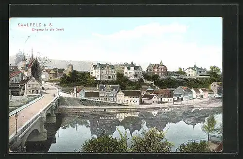 AK Saalfeld a. S., Ortspartie mit Brücke aus der Vogelschau