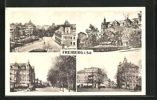 AK Freiberg i. Sa., Postplatz, Schillerstrasse, Ortspartie