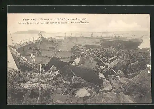 AK Saint-Malo, Naufrage du Hilda, L`avant du navire et le rocher couvert de débris, Seenotrettung