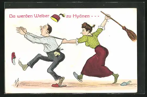 Künstler-AK Willi Scheuermann: Ehefrau jagt den Mann mit dem Besen