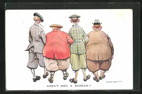 AK Dicke und dünne Männer beim Spaziergang, Übergewicht