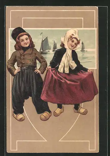 Präge-AK Niederländische Kinder mit Holzschuhen und Tracht