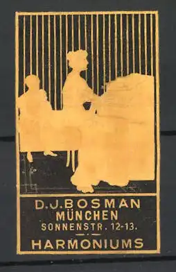Präge-Reklamemarke D. J. Bosmann, Sonnenstr. 12-13, München, Dame spielt auf einem Harmonium