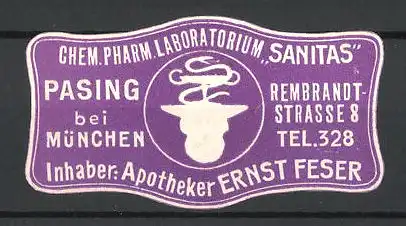 Präge-Reklamemarke Chem. Pharm. Laboratorium Sanitas, Inhaber Ernst Feser, Rembrandtstrr. 8, Pasing