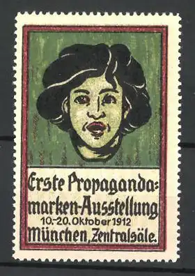 Reklamemarke München, Erste Propagandamarken-Ausstellung 1912, Frau mit erstauntem Blick