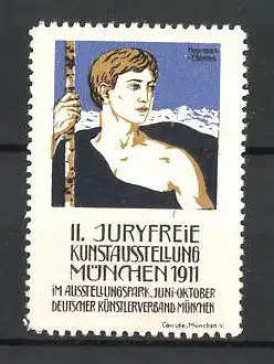 Reklamemarke München, II. Juryfreie Kunstausstellung 1911, Mann mit Wanderstock im Gebirge