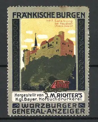 Reklamemarke Serie: Fränkische Burgen, Bild 7, Salzburg bei Neustadt, Hofbuchdruckerei J. M. Richter