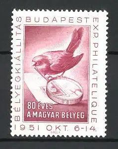 Reklamemarke Budapest, Exposition Philatelique 1951, kleiner Vogel mit Lupe