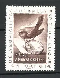 Reklamemarke Budapest, Exposition Philatelique 1951, Vogel mit Lupe auf einem Briefumschlag sitzend
