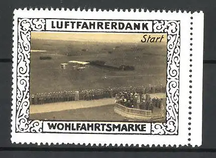 Reklamemarke Start eines Flugzeuges auf der Wiese, Wohlfahrtsmarke Luftfahrerdank