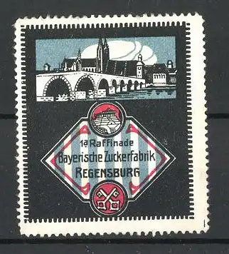 Reklamemarke 1a Raffinade Bayerische Zuckerwarenfabrik Regensburg, Stadtansicht und Stadtwappen