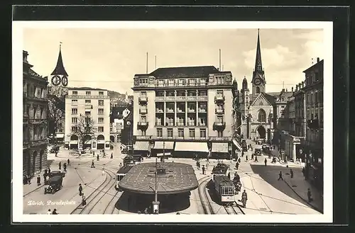 AK Zürich, Strassenbahnverkehr auf dem Paradeplatz