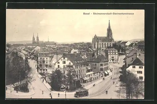 AK Basel, Steinenvorstadt-Steinentorstrasse mit Strassenbahn